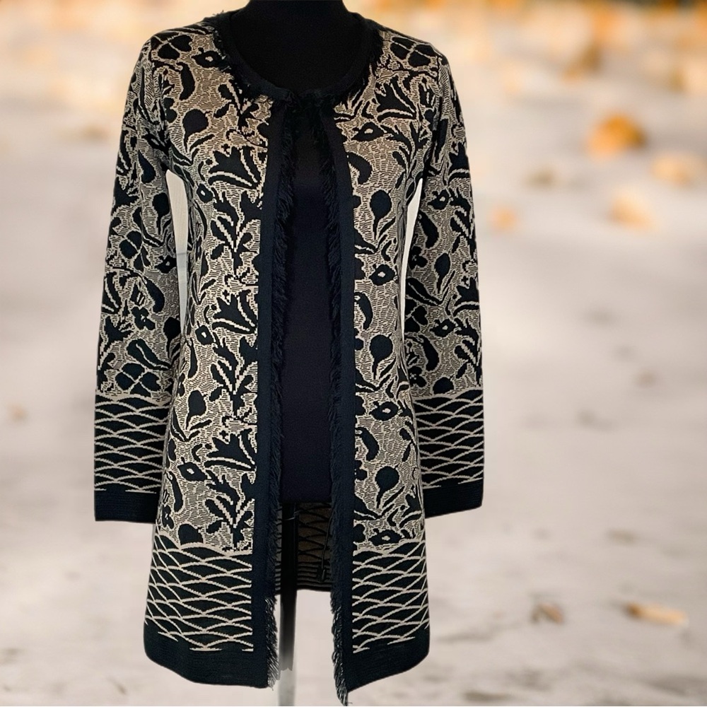 Gottardi Collection Tan/Black Merino Wool Blend Mid-Length Open Cardigan Size S